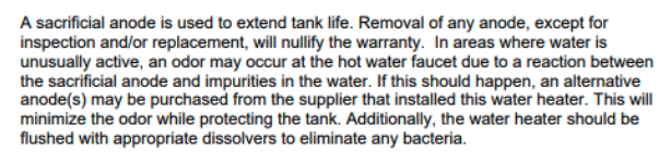 Screenshot of a water heater owners manual explaining a sacrificial anode rod 