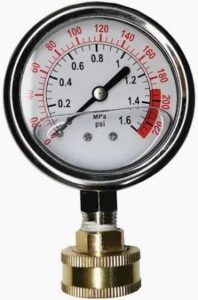 Picture of a water pressure test gauge that can be used to test water pressure in a home